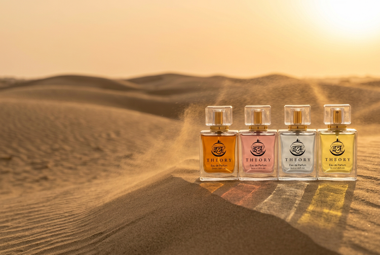 Four इत्र Theory perfume bottles on a Rajasthan sand dune at golden hour