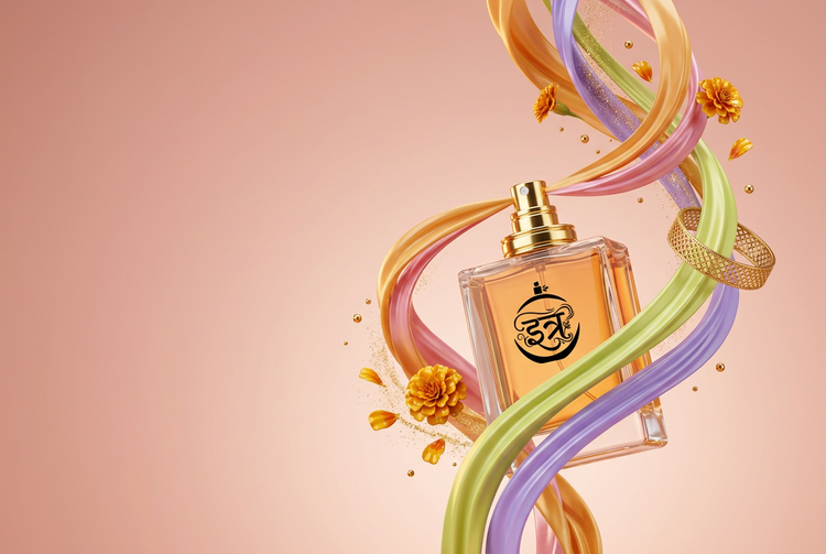 3D render of an amber इत्र Theory perfume bottle wrapped in swirling silk ribbons of amber, pink, lime and lavender with marigolds and gold dust