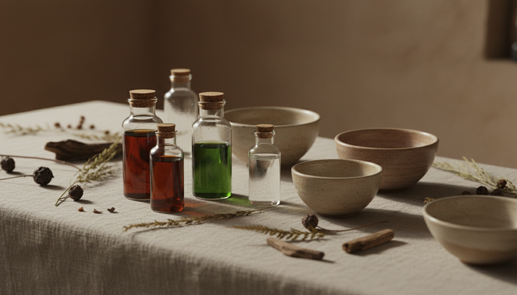 A copper distillation still, a brass bowl of roses and marigolds, sandalwood, saffron, cardamom and vanilla beside an इत्र Theory bottle