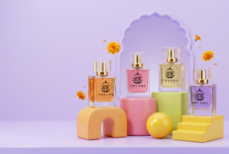 Four इत्र Theory perfume bottles on pastel blocks